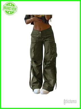 High Waist Wide Leg Cargo Pants Polyester Spandex Multi Pocket Joggers